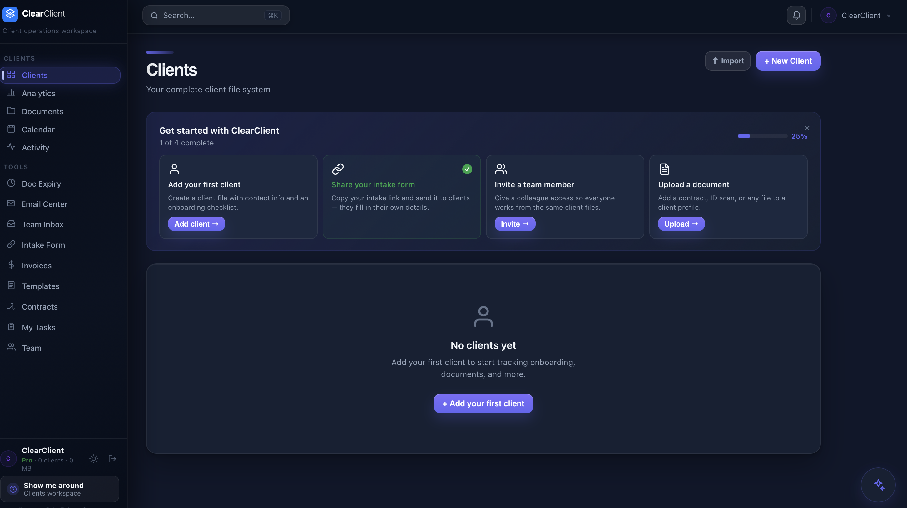ClearClient dashboard